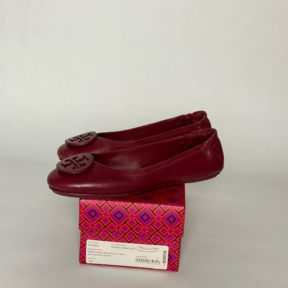 Tory Burch Minnie Travel Ballet with Logo Soft Nappa Leather Imperial Garnet - Picture 5 of 5